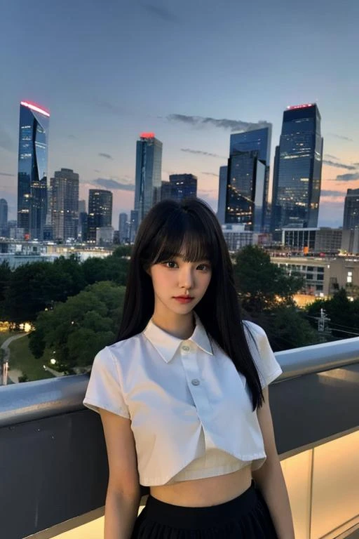 Fujifilm XT3, 8k,close up photo, masterpiece, best quality, (((1girl))), solo,realistic, ((looking at viewer)), photorealistic, (extremely detailed face), looking at viewer, ((ultra-detailed eyes and pupils)), ultra detailed, serious expression, cropped top,shirts, (standing against a city skyline at night), (rooftop), Suit skirt, ((navel)), arms behind back, bangs, <lora:nanalorashy:1>