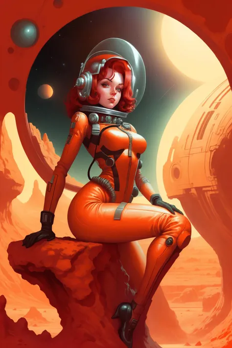 sp4c3w0m3n woman with crimson hair, wearing a red and black space suit and red helmet pinup pose, on mars <lora:pulpLadiesOG2v1:1>