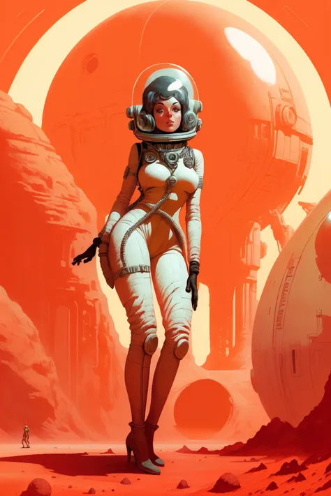 sp4c3w0m3n woman a wearing a space suit and helmet pinup pose, on mars with a spaceship in the background <lora:pulpLadiesOG2v1:1>