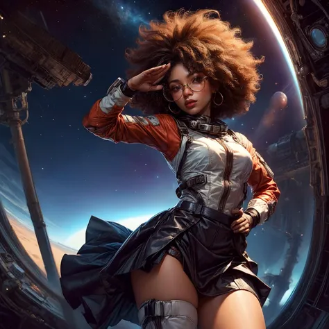 <lora:more_details:0.9>,  sp4c3w0m3n , <lora:pulpLadiesOG2v1:0.7>, 20 year old african woman with afro hair and glasses posing in spacesuit with ((skirt)), ((saluting viewer)), one hand on her hips ,from angle, on space station,<lora:unhorny_v01:-1> <lora:ClothingAdjuster2:-0.4>,