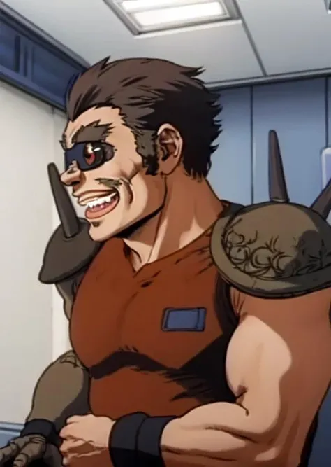 buaku, solo, male, aged, upper body, short hair, visor with red lenses,grin, metal arm, profiles, <lora:Buaku_Dominion_Tank_Police-000013:1>