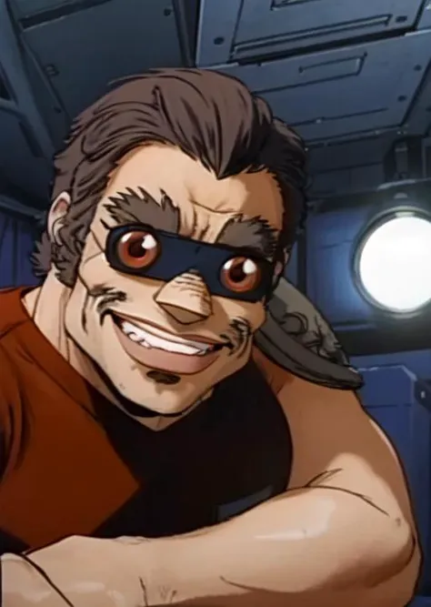 buaku, solo, male, aged, close up, short hair, visor with red lenses, red shirt, clenched grin <lora:Buaku_Dominion_Tank_Police-000013:1>
