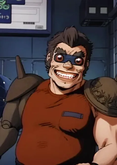 buaku, solo, male, aged, upper body, short hair, visor with red lenses,grin, metal arm, <lora:Buaku_Dominion_Tank_Police-000013:1>