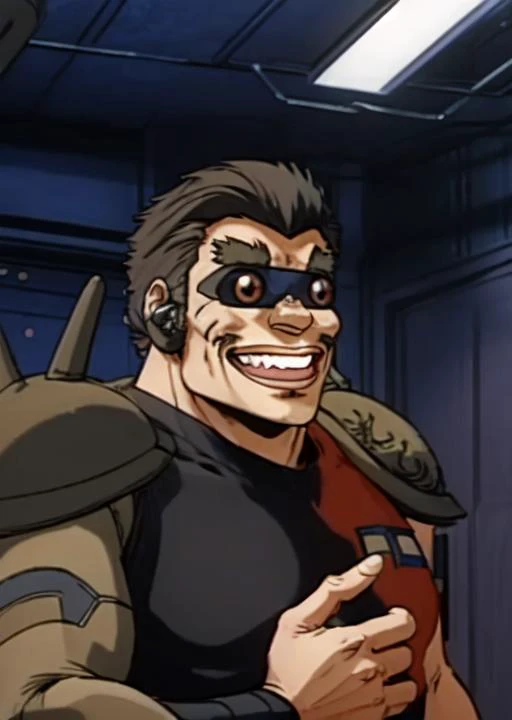 buaku, solo, male, aged, upper body, short hair, visor with red lenses,grin, metal arm, (profiles:0.6), <lora:Buaku_Dominion_Tank_Police-000013:1>