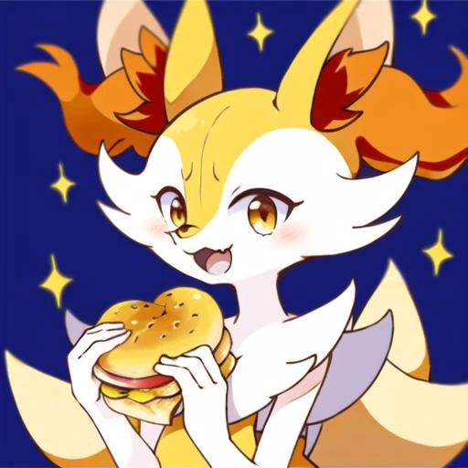 braixen, eating a hamburger, nom hamburger, yellow fur, <lora:HamburgeranimeV1:0.6>, half bitten, inside, home, cheese, two hands, cute face,t, smile, open mouth, solo, <lora:Braixen:0.8>