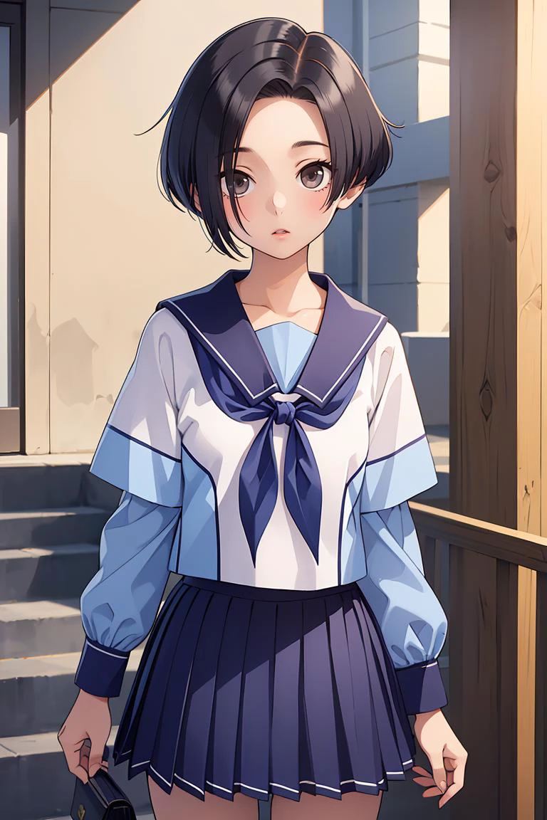 (masterpiece, best quality), 1girl, <lora:kobayakawa_rinko_v1:0.8> aarinko, short hair, black hair, bob cut, serafuku, sailor collar, blue neckerchief, white shirt, short sleeves, pleated skirt, blue skirt, aarinko, short hair, black hair, bob cut, serafuku, blue shirt, long sleeves, sailor collar, white neckerchief, pleated skirt, blue skirt