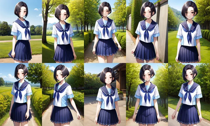 masterpiece, best quality, highres, aarinko, short hair, black hair, bob cut, serafuku, sailor collar, blue neckerchief, white shirt, short sleeves, pleated skirt, blue skirt, <lora:kobayakawa_rinko_v1:0.7>, standing, cowboy shot, outdoors, smile