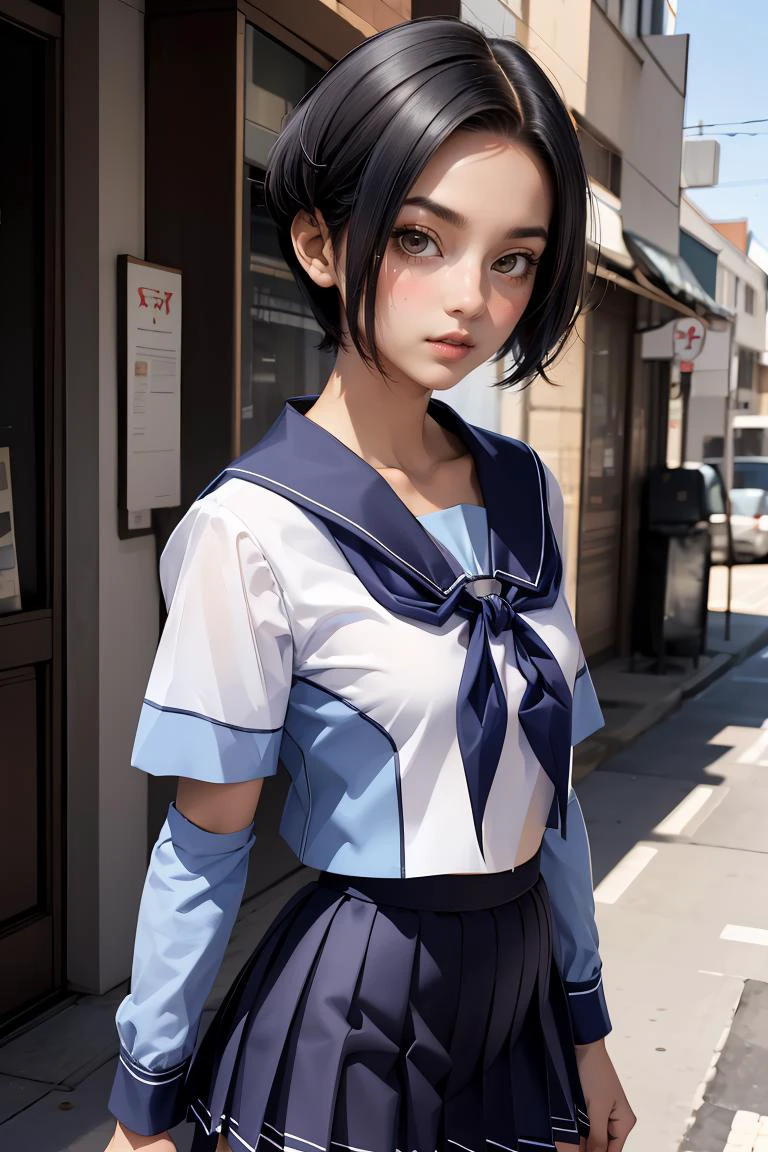 (masterpiece, best quality), 1girl, <lora:kobayakawa_rinko_v1:0.8> aarinko, short hair, black hair, bob cut, serafuku, sailor collar, blue neckerchief, white shirt, short sleeves, pleated skirt, blue skirt, aarinko, short hair, black hair, bob cut, serafuku, blue shirt, long sleeves, sailor collar, white neckerchief, pleated skirt, blue skirt
