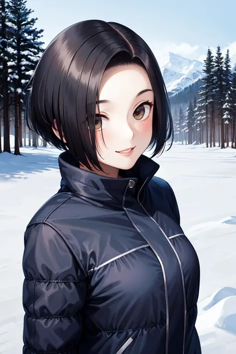 masterpiece, best quality, highres, aarinko, aarinko, short hair, black hair, bob cut, <lora:kobayakawa_rinko_v1:0.7>, snow, winter clothes, outdoors, smile,