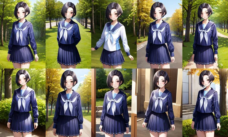 masterpiece, best quality, highres, aarinko, short hair, black hair, bob cut, serafuku, blue shirt, long sleeves, sailor collar, white neckerchief, pleated skirt, blue skirt, <lora:kobayakawa_rinko_v1:0.7>, standing, cowboy shot, outdoors, smile
