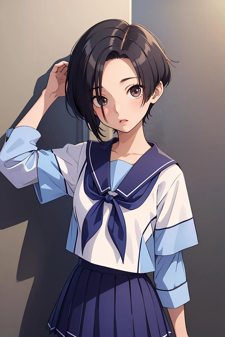(masterpiece, best quality), 1girl, <lora:kobayakawa_rinko_v1:0.8> aarinko, short hair, black hair, bob cut, serafuku, sailor collar, blue neckerchief, white shirt, short sleeves, pleated skirt, blue skirt, aarinko, short hair, black hair, bob cut, serafuku, blue shirt, long sleeves, sailor collar, white neckerchief, pleated skirt, blue skirt
