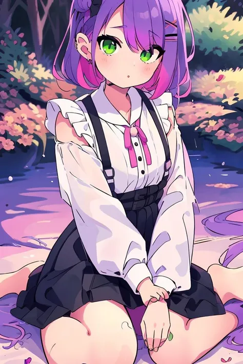 (masterpiece, best quality), 1girl, <lora:Tokoyami Towa:1> white blouse, black skirt, pink purple hair, green eyes, multicolor hair || pink purple hair, green eyes, multicolor hair