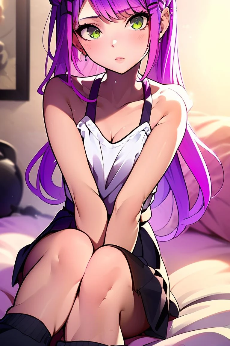 (masterpiece, best quality), 1girl, <lora:Tokoyami Towa:1> white blouse, black skirt, pink purple hair, green eyes, multicolor hair || pink purple hair, green eyes, multicolor hair