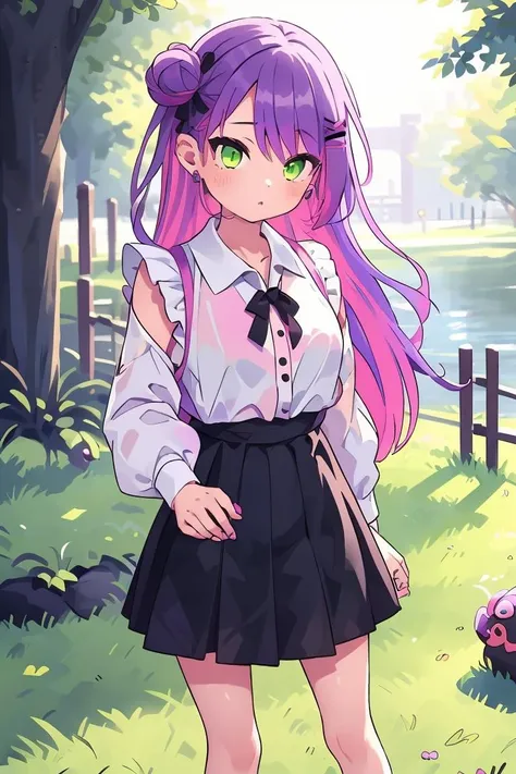 (masterpiece, best quality), 1girl,  <lora:Tokoyami Towa:1> white blouse, black skirt, pink purple hair, green eyes, multicolor hair || pink purple hair, green eyes, multicolor hair