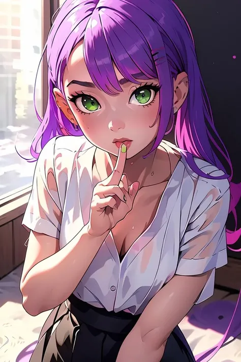(masterpiece, best quality), 1girl, <lora:Tokoyami Towa:1> white blouse, black skirt, pink purple hair, green eyes, multicolor hair || pink purple hair, green eyes, multicolor hair
