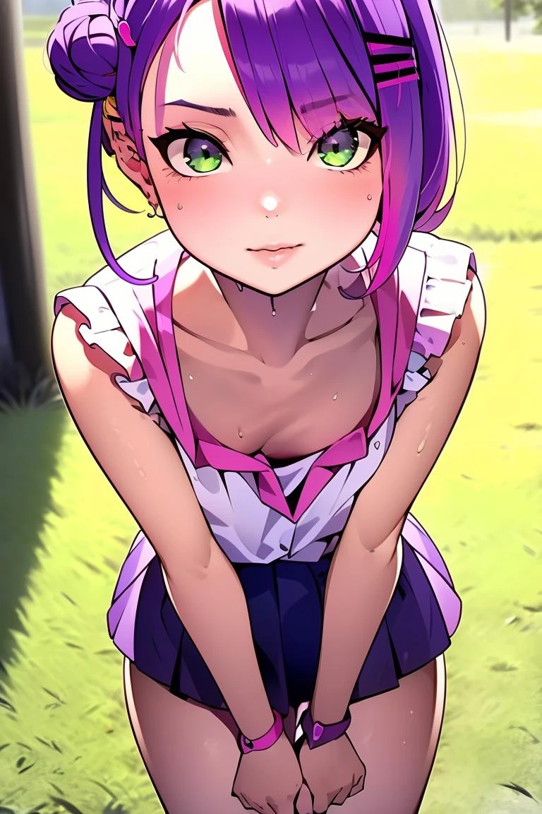 (masterpiece, best quality), 1girl, <lora:Tokoyami Towa:1> white blouse, black skirt, pink purple hair, green eyes, multicolor hair || pink purple hair, green eyes, multicolor hair