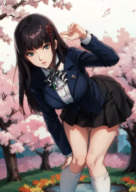 (masterpiece, highest quality, best image quality、highest resolution、best details 1.4), anime style、Morning commute route、cherry blossom in full bloom、SakuraFubuki、draw the whole body、perspective from below、（pure white skin:1.4),(,medium long hair:0.5)、 (bangs, straight hair、dark brown hair:1.2)、(curly hair:0.3), White Hair Clip,(black eye、best round and big eyes:1.4）,droopy eyes、beautiful eyelashes, (smooth texture:1.2, realistic texture:1.1, the wind is blowing), medium breasts,(Glossy white panties:1.3), (red bow tie, school uniform, navy blue jacket, open jacket, white shirt, knee length skirt、red pleated skirt：1.2), smile, open your mouth、teeth、Skirt flips in the wind、
