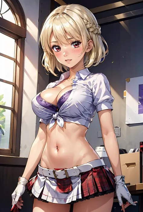 (masterpiece, high quality, highres:1),1girl,solo,breasts,simple background,false smile,standing,sweat,fog,sweater, marie rose, flustered,panicking,rushing,long hair,forced smile,half-closed eyes,plump,arms behind back,dark,shaded face,despair ,(blue eyes ,blonde hair), from above, White luxury jacket, short shorts, open breasts, blue lipstick, bodycon, fat lips, whore outfit, curvy body, cheetah print,