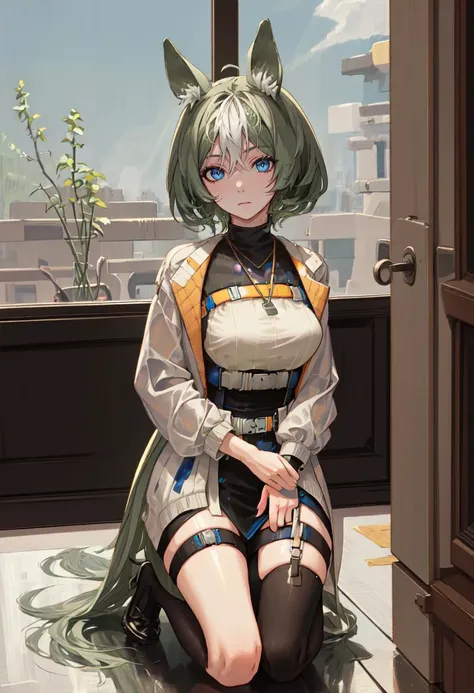 (safe:1.10), best quality, masterpiece, highres, solo, (proviso_arknights:1.10), kneeling, kneeling on one knee, on one knee, cowboy shot, looking at viewer, 23 <lora:proviso_arknights:0.80>