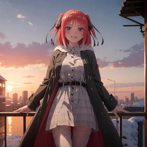 <lora:SCRAPE_NINO_2>,<lora:boldline:-0.8>,<lora:noline:0.3>,looking at viewer,smile,parted lips,
scrape_nino_season2,1girl,solo,
short hair,two side up,pink hair,hair_ornament,
plaid dresses,belt,coat,with fur,white_thighhighs,
city,snow,sunset,