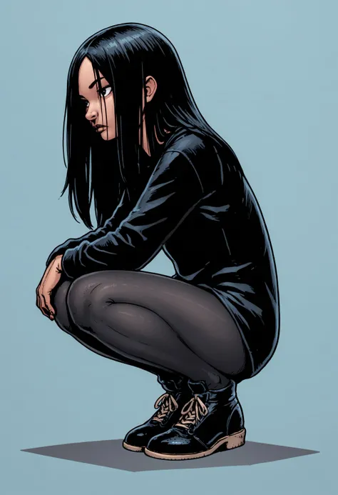 score_9, score_8_up, score_7_up, score_6_up, score_5_up, score_4_up, source_western, source_cartoon, 1girl, <lora:TheFemale:0.85> small breasts, black eyes, black hair, long hair, black shirt, tights, black footwear, full body, (side view), squatting,
light blue background, simple background,