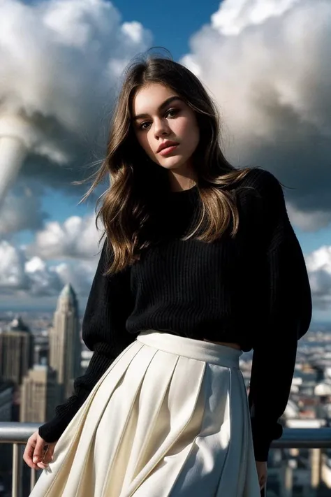 photo of beautiful (K414G3rb3r-140:0.99), a woman, perfect hair, (modern photo), wearing a (long sleeved sweater:1.2) and long skirt with jewelry, portrait, 85mm, (analog, cinematic, film grain:1.3), (Cloud City, City suspended in a gas giant's clouds offering atmospheric views.), detailed eyes, professional pose, painted lips, (epiCPhoto), (looking at viewer:1.1), (cinematic shot:1.3), (natural lighting, lit from above), <lora:add_detail:0.5>
