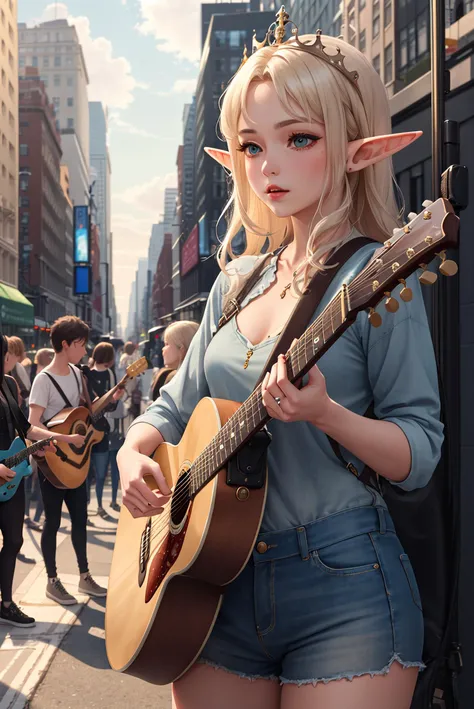 (Masterpiece), best quality, 1girl, the cloud ((stunningly beautiful elf queen)), ((busking and playing guitar)) (on the streets of new york), (small crowd gathering around the performance), casual, (good anatomy), high detail, sharp focus, wonderful lighting, detailed skin texture, award winning,