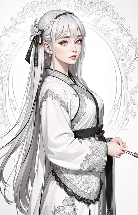 (highest quality, award winning, masterpiece:1.3), (intricate:1), best quality, official art, 8k wallpaper, highly detailed, illustration, lineart, monochrome, detailed, intricate, cinematic light, 1 girl, from the side, floating hair, swept bangs, silver white hair, hair ribbon, hanfu, luxury dress, good anatomy, good proportions, (photorealistic:1.5), <lora:animeLineartMangaLike_v30MangaLike:0.85>, centered, mature adult:1.5, (plain background),