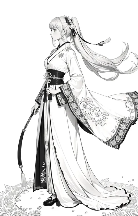 (highest quality, award winning, masterpiece:1.3), ((full body)), (intricate:1), best quality, official art, 8k wallpaper, highly detailed, illustration, lineart, monochrome, detailed, intricate, cinematic light, 1 girl, from the side, floating hair, swept bangs, silver white hair, hair ribbon, hanfu, luxury dress, good anatomy, good proportions, (photorealistic:1.5), <lora:animeLineartMangaLike_v30MangaLike:0.85>, centered, mature adult:1.5, (plain background),
