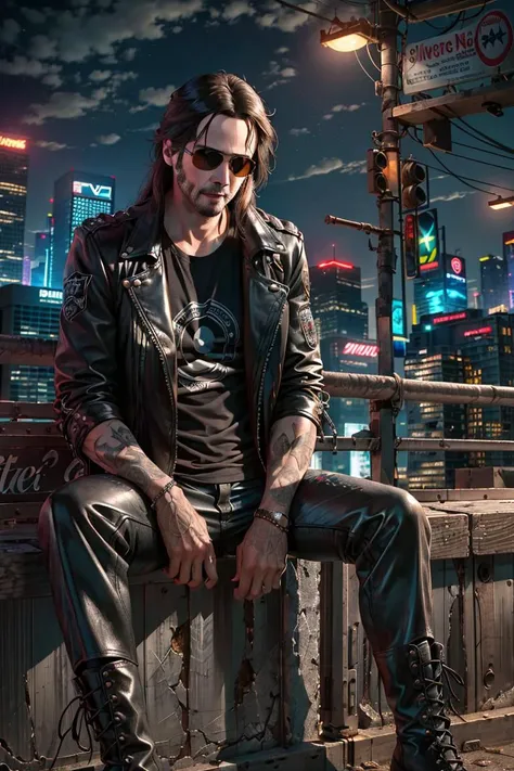 (portrait), (Keanu Reeves as Johnny Silverhand), ((long hair)), punk rock metal influence, matte aviator glasses, black pants, biker boots, (leather jacket with cut off sleeves), patches, (cyberpunk night city background), dramatic lighting, masterpiece