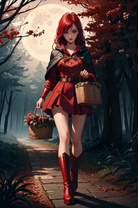 Build a breathtaking,<lora:theseBootsAreMadeFor_v10:1>, 1woman walking through the woods at night with a full moon in the dark night sky, wearing a ((Red dress)) and a ((Red hood)) wearing ((Red designer_boots)) wearing stockings, carrying a wicker basket of food in the left hand, <lora:epiNoiseoffset_v2:1>