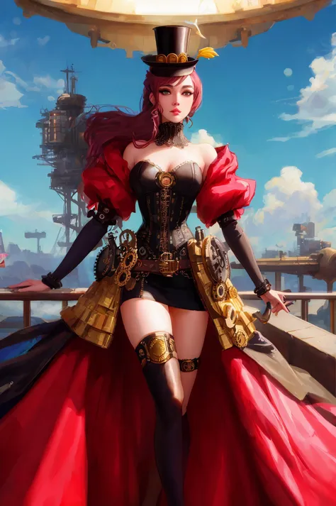 (steampunk woman:1.2), (full body:0.4), highly detailed face, beautiful skin, gorgeous eyes, and body portrait by wlop. fantasy art from dnd, gorgeously detailed dress from the 70's, top hat, brass armor, cogs, machinery, extremely beautiful style of ilya kuvshinov on greg rutkowski, in the shell, 1 9 7 0 s, oil painting, full length illustration, sharp focus, norman rockwell, trending pixiv, fanbox concept, quality cinema model, madison beer as ariana grande, popart thomas, gorgeous sky backgroud,