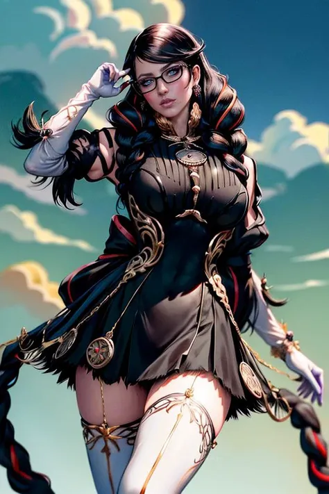 (masterpiece:1.4),(best quality:1.4),(absurdres:1.4),pin-up,<lora:GAME_bayonetta_3_aiwaifu-10:1>, bayonetta_3_twintail_aiwaifu,glasses,blue_eyes ,black_hair,long_hair,two-tone_hair,twintails,breasts,jewelry,earrings,gloves,mole_under_mouth,lips,large_breasts,twin_braids,makeup,black-framed_eyewear,bodysuit,elbow_gloves,very_long_hair,lipstick,multicolored_hair,ribbon,amulet,hair_ribbon,dress,thighhighs,white_gloves,eyeshadow,bangs,clothing_cutout, (absurdres, highres, incredibly_absurdres:1.4),scenery,masterpiece,