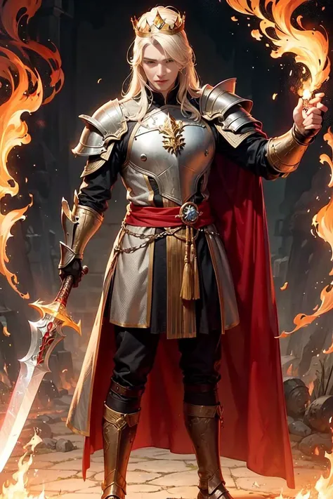 Gwyn, Lord of Cinder, is a powerful and ancient being who once ruled over the world of Dark Souls. He has a majestic appearance and clothing that reflect his status as a king and a god. According to the web search results123, he wears:
A set of royal drapes with gold bands on his arms and a ((crown)) atop his head.
A pair of boots on his feet.
((A greatsword)) imbued with the power of light and fire, which he uses to strike down his enemies.
His face is that of a young man with calm eyes, a long blonde hair. However, when he is encountered in the Kiln of the First Flame, he appears to be hollowed, with charred skin and missing eyes. He has sacrificed himself to prolong the Age of Fire by linking himself to the First Flame