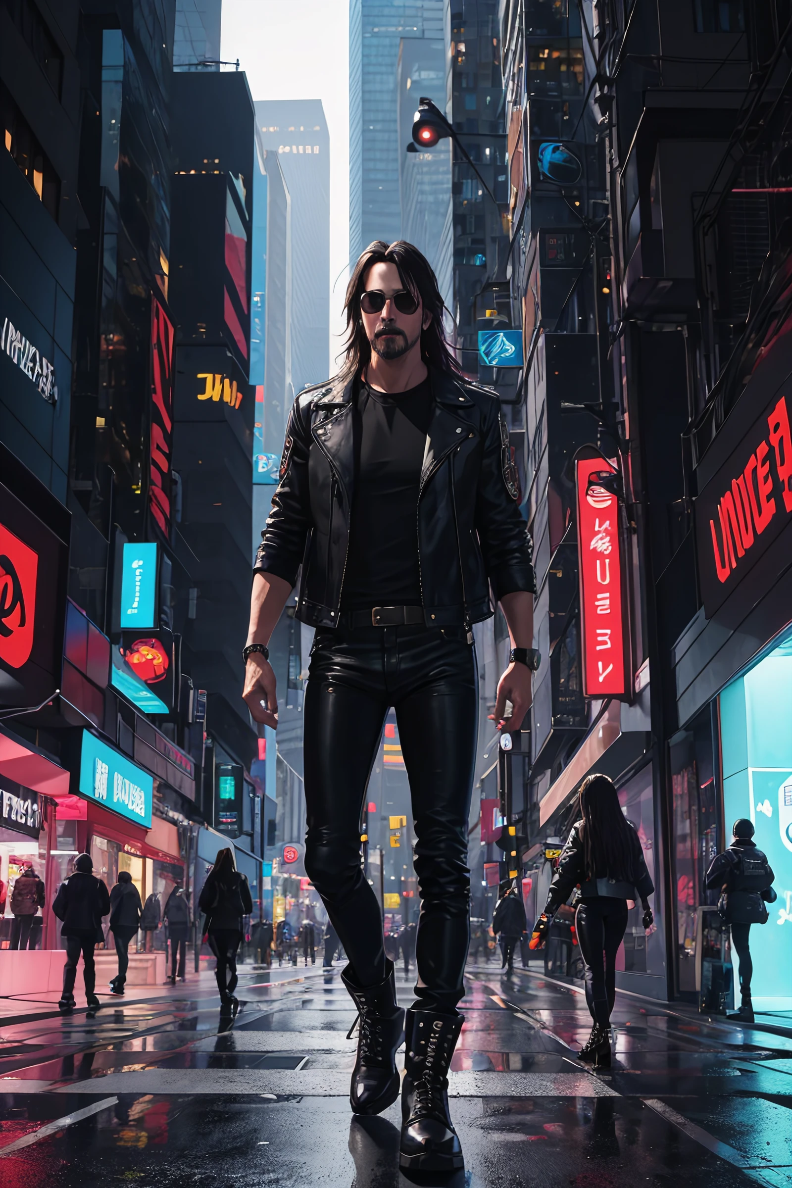 ((lineart)), (Keanu Reeves as Johnny Silverhand, ((long hair)), red aviator sunglasses, punk rock metal influence, black leather pants, biker boots, (jean jacket with cut off sleeves), patches, (left arm is chomed cybernetic), (empty hands), (cyberpunk city background), dramatic lighting, dynamic pose, paint colors, (detail:0.6), (style-rustmagic:0.5), masterpiece, (illustration), jim lee,