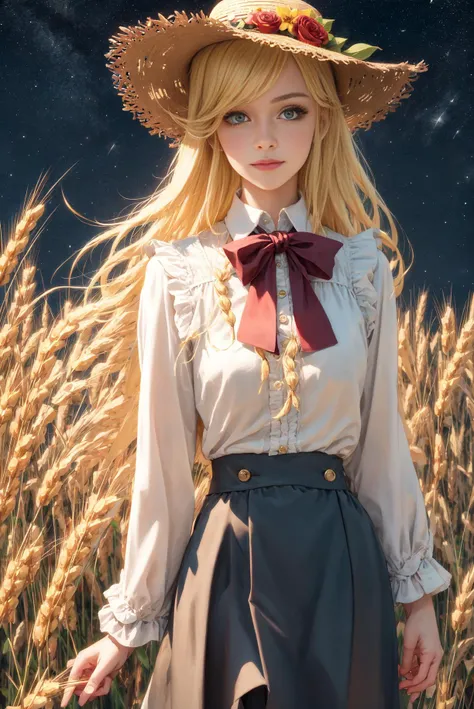 award winning <(realistic:1.2), (extremely intricate:1.2), (oil painting:0.7)>, (anime style:1.0), 1girl, solo, (straw hat with flowers:1.1), star (symbol), (long blonde hair flowing in the breeze), soft smile, [((gorgeous green eyes))], (navy dress with white frill collar:0.8), [red bow], long sleeves, (single braid), red rose, looking at viewer, adorable, captivating, center frills, bowtie, bangs, closed mouth, hand touching wheat, (mature woman:1.59), beautiful (dark) night sky in a wheat field, ((at night)), (wind), (monochrome:1.2)