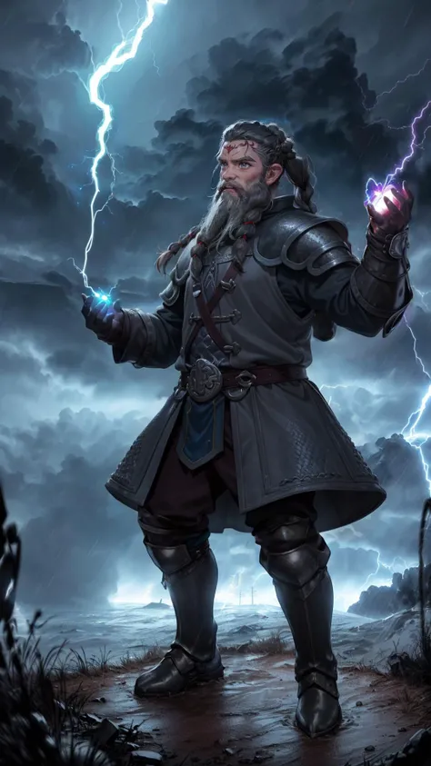 sehele style, <lora:sehele:0.4>,  (((anime))), (((commanding electricity and lighting))), (((holding both hands up))),  (dwarf:1.5), (((dark gray viking shaved sides low ponytail hair))), (((dark gray three braids beard))), bright gray eyes, ((chainmail on blue coat padded heavy armor)), steel boots, cleric of tempest, priest of Talos, 8k, 16k, masterpiece, (((standing on a hill during a storm))),