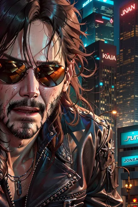 (close up portrait), (Keanu Reeves as Johnny Silverhand), ((long hair)), punk rock metal influence, matte aviator glasses, black pants, biker boots, (leather jacket with cut off sleeves), patches, (cyberpunk night city background), dramatic lighting, masterpiece