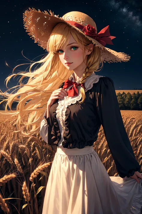 award winning <(realistic:1.2), (extremely intricate:1.2), (oil painting:0.7)>, (anime style:1.0), 1girl, solo, (straw hat with flowers:1.1), star (symbol), (long blonde hair flowing in the breeze), soft smile, [((gorgeous green eyes))], (navy dress with white frill collar:0.8), [red bow], long sleeves, (single braid), red rose, looking at viewer, adorable, captivating, center frills, bowtie, bangs, closed mouth, hand touching wheat, (mature woman:1.59), beautiful (dark) night sky in a wheat field, ((at night)), (wind), (monochrome:1.2)