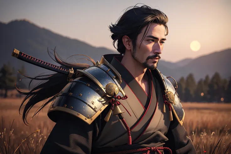 best quality, (wide shot), cgsociety, 8k, ultrarealistic, (handsome male samurai), kimono, (open field), night, moon, Cinematic light, (intricate detail), detailed facial features, high detail, sharp focus, smooth, aesthetic, extremely detailed, detailed armor, (by greg rutkowski:1), (by luis royo:1), by artgerm, Stephen Kasner, John Picacio, (analog style:1.5), (photorealistic:1.5), (highest quality, award winning, masterpiece:1.6)