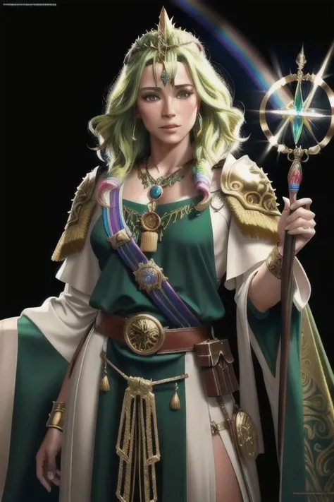 photorealistic, illustration, realistic, masterpiece, ((extreme detail)), (ultra-detailed), male, human, wizard, handsome, rainbow eyes, shoulder length gold hair, short gold beard, intricate long green wizard robe, intricate green wizard belt with pouches, holding a wooden crocked wizard's staff, intricate gold tiara, intricate fold bracers, surrounded in rainbow sparkles and fairies, full body portrait, highly detailed, detailed face, detailed eyes, ultra realistic face, without blur, intensely real, cinematic lighting, sharp focus, 8k resolution concept art by Julie Bell and Boris Vellejo, background fantasy grove