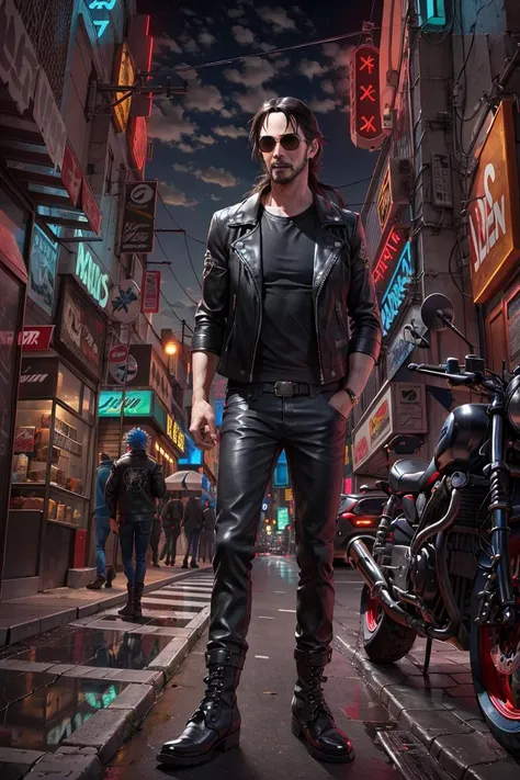 (portrait), (Keanu Reeves as Johnny Silverhand), ((long hair)), punk rock metal influence, matte aviator glasses, black pants, biker boots, (leather jacket with cut off sleeves), patches, (cyberpunk night city background), dramatic lighting, masterpiece