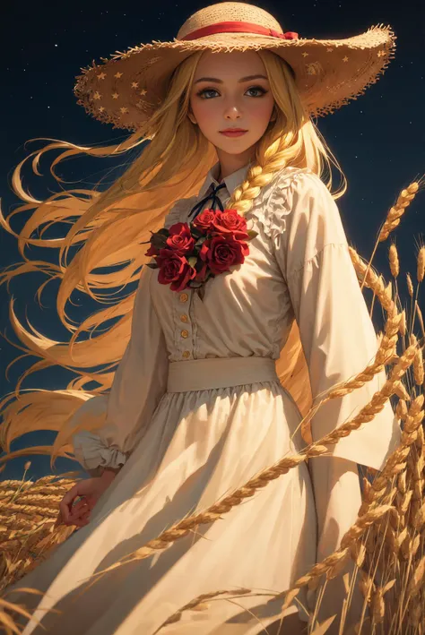 award winning <(realistic:1.2), (extremely intricate:1.2), (oil painting:0.7)>, (anime style:1.0), 1girl, solo, (straw hat with flowers:1.1), star (symbol), (long blonde hair flowing in the breeze), soft smile, [((gorgeous green eyes))], (navy dress with white frill collar:0.8), [red bow], long sleeves, (single braid), red rose, looking at viewer, adorable, captivating, center frills, bowtie, bangs, closed mouth, hand touching wheat, (mature woman:1.59), beautiful (dark) night sky in a wheat field, ((at night)), (wind), (monochrome:1.2)