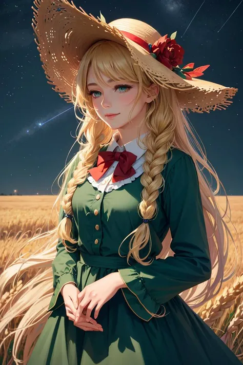 Build a stunning, award winning <(realistic:1.2), (extremely intricate:1.2), (oil painting:0.7)>, (anime style:1.0), 1girl, solo, (straw hat with flowers:1.1), star (symbol), (long blonde hair flowing in the breeze), soft smile, [((gorgeous green eyes))], (navy dress with white frill collar:0.8), [red bow], long sleeves, (single braid), red rose, looking at viewer, adorable, captivating, center frills, bowtie, bangs, closed mouth, hand touching wheat, (mature woman:1.59), beautiful (dark) night sky in a wheat field, ((at night)), (wind), (monochrome:1.2), <lora:epiNoiseoffset_v2:0.5>