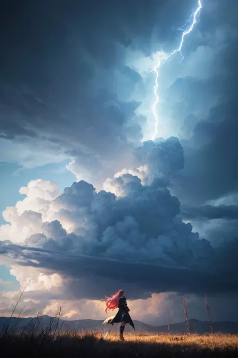 ((best quality, masterpiece:1.5, ultrarealistic, photo-realistic:1.5) ultra-detailed), perfect detail, 2.5D ultrarealistic, (vibrant hairs:1.7), (dark tones), ((incredible lighting and reflections)),epic fantasy, a storm giant, female, hair made from clouds, throwing a lightning bolt down to the earth, standing on a cloud. storm clouds, lightning, rain, winds