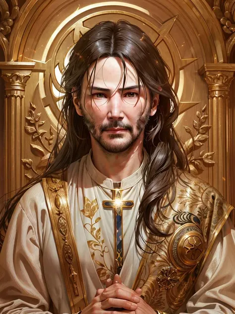 (close up portrait), (Keanu Reeves), ((long hair)), biblical saint, holy robe, holy halo, dramatic lighting, masterpiece,