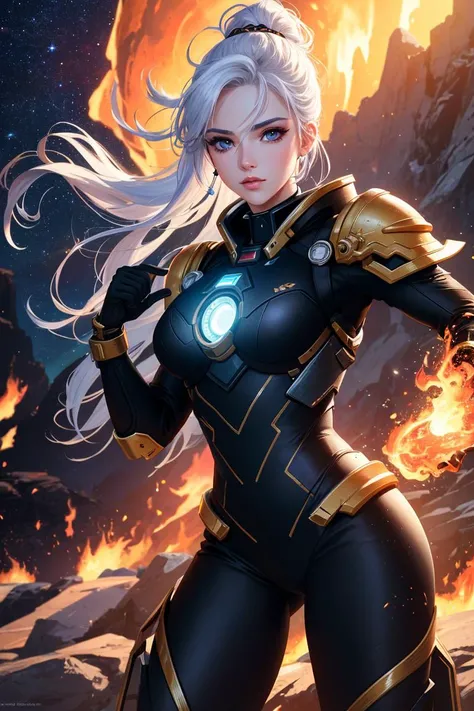 Generate a magnificent, Masterpiece, best quality, realistic, colorful cinematic lighting, photo of, (beautiful [T'au|woman] fire warrior with updo white hair), (wearing technologically advanced armor), ((perfect face)), pretty eyes, ((blue skin)), [alien], Shas Warrior, Warhammer 40k, fanart, vivid details, vibrant colors, background is landscape of alien planet, (mountains:0.9), (lush vegetation), detailed background, dynamic pose, aggressive look, complex, RTX, (bloom:0.5), (lens flare:0.5), (intricate galaxy and star cluster in the night sky above), sci-fi, 50mm prime lens, F/2.8 aperture, (highly detailed, hyperdetailed), hyper realistic, lifelike texture, photorealistic, 8k, sharp focus, unreal engine, ENB, cinestill 800
