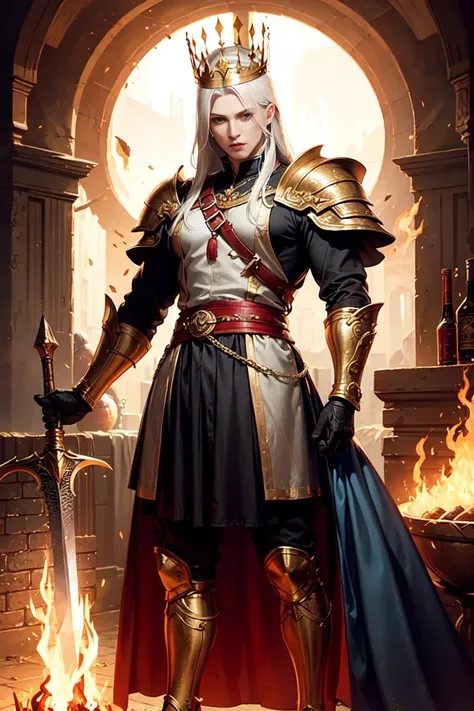 Gwyn, Lord of Cinder, is a powerful and ancient being who once ruled over the world of Dark Souls. He has a majestic appearance and clothing that reflect his status as a king and a god. According to the web search results123, he wears:
A set of royal drapes with gold bands on his arms and a ((crown)) atop his head.
A pair of boots on his feet.
((A greatsword)) imbued with the power of light and fire, which he uses to strike down his enemies.
His face is that of a young man with calm eyes, a long blonde hair. However, when he is encountered in the Kiln of the First Flame, he appears to be hollowed, with charred skin and missing eyes. He has sacrificed himself to prolong the Age of Fire by linking himself to the First Flame