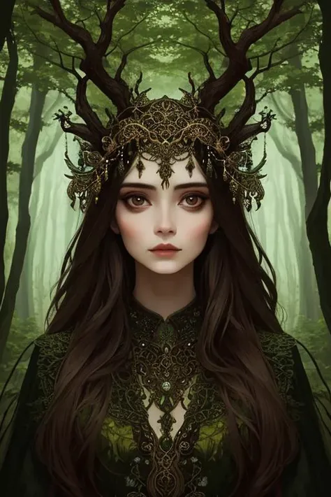 woman in a mythical forest, masterpiece, perfect face, intricate details, horror theme