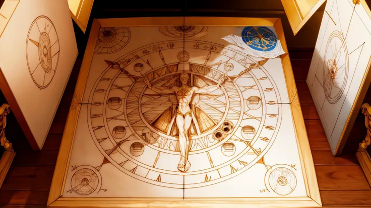 Vitruvian Man, ((da vinci) schematic) of heaven and the universe, mind, body, soul, brain, (parchment, aged paper:1.3), design, (schematics:1.3), (da vinci:1.3), solar system, planets orbits, galaxy, buddhism, meditation, <lora:architectureSketchStyle_v10:0.8>